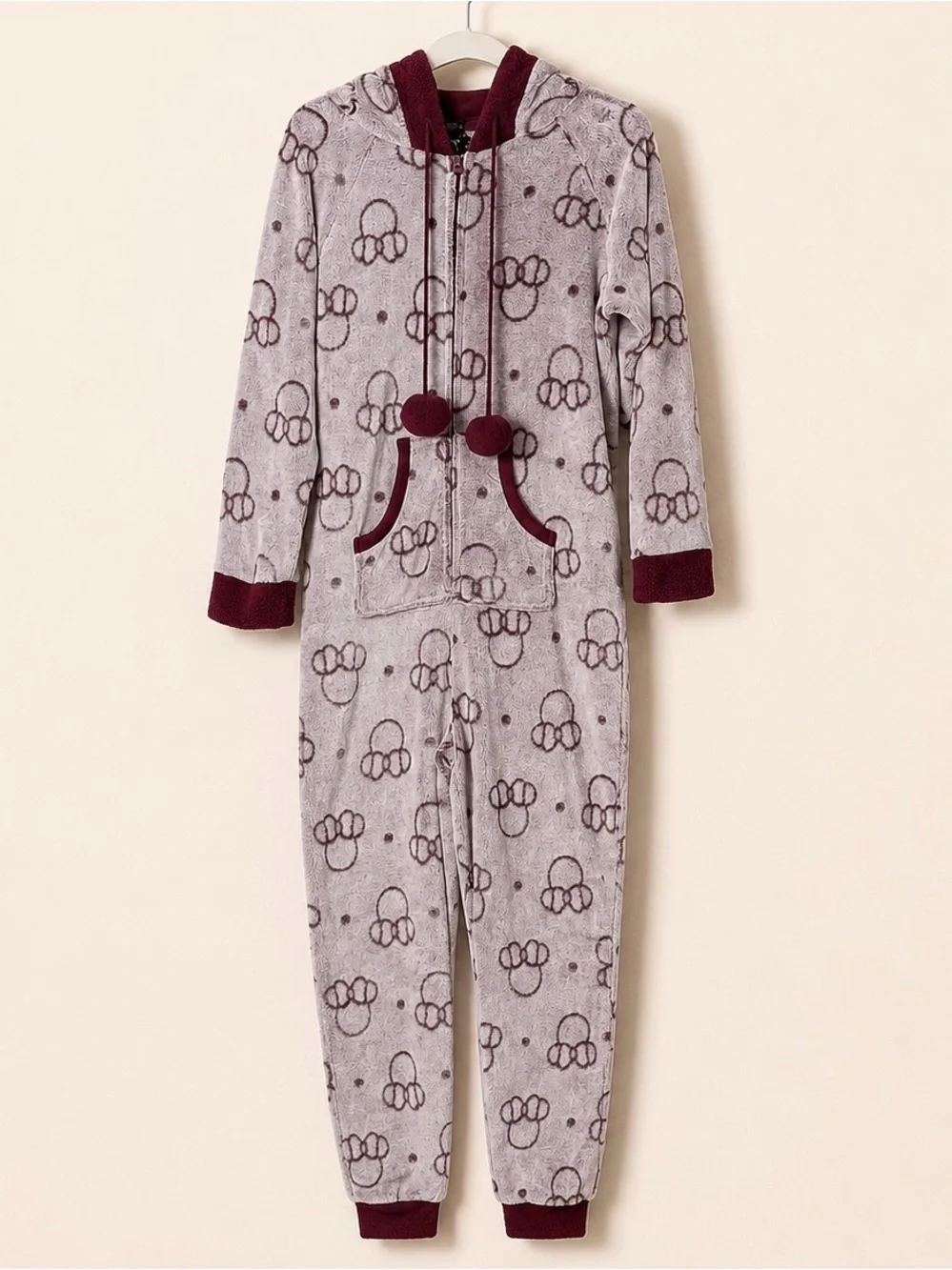 Disney Plush Fleece Hooded One-Piece Pajama Jumpsuit Pom Pom Zip Burgundy Gray L